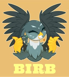 Size: 1836x2048 | Tagged: safe, artist:noupu, derpibooru import, gabby, griffon, birb, cute, eyes closed, female, gabbybetes, grin, simple background, smiling, solo, spread wings, thumbs up, wings, yellow background