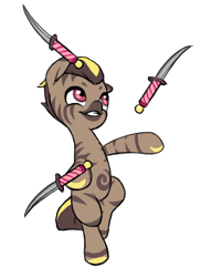 Size: 796x1092 | Tagged: safe, alternate version, artist:multiverseequine, derpibooru exclusive, derpibooru import, oc, oc only, oc:ysillee, hybrid, pony, zony, bipedal, colored, colored muzzle, colt, dagger, foal, juggling, knife, male, performance, simple background, smiling, solo, standing, standing on one leg, stripes, transparent background, two toned mane, weapon, zony oc