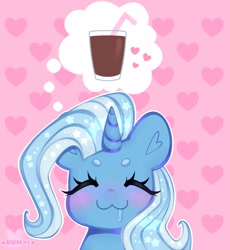 Size: 2763x3000 | Tagged: safe, artist:bunxl, derpibooru import, trixie, pony, unicorn, blushing, chocolate, chocolate milk, cute, diatrixes, drool, eyes closed, happy, heart, milk, smiling, solo, thought bubble