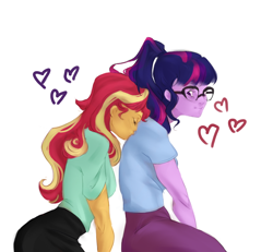 Size: 816x754 | Tagged: safe, artist:amandahast, derpibooru import, sci-twi, sunset shimmer, twilight sparkle, equestria girls, clothes, female, heart, lesbian, scitwishimmer, shipping, sunsetsparkle