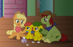 Size: 1280x819 | Tagged: safe, artist:aleximusprime, derpibooru import, applejack, tex, oc, oc:annie smith, oc:apple chip, flurry heart's story, blushing, bow, brother and sister, clothes, cowboy hat, crying, family, father and child, father and daughter, father and mother, father and son, female, freckles, hat, male, mother and child, mother and daughter, mother and son, offspring, older, older applejack, parent and child, parent:applejack, parent:tex, parents and child, parents:texjack, pigtails, sad, scarf, shipping, siblings, stetson, straight, texjack, tissue, tissue box