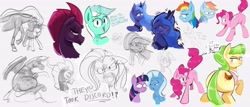 Size: 3989x1706 | Tagged: safe, artist:another_pony, derpibooru import, bon bon, chickadee, fluttershy, lyra heartstrings, marble pie, ms. peachbottom, pinkie pie, princess celestia, princess luna, rainbow dash, sweetie drops, tempest shadow, trixie, twilight sparkle, alicorn, earth pony, pegasus, unicorn, angry, balloonbutt, blushing, broken horn, butt, chest fluff, crying, dialogue, dock, eyes closed, horn, lidded eyes, looking at you, looking back, nuzzling, plot, sad, sketch, smiling, sweat, unamused, wide eyes