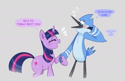 Size: 1773x1147 | Tagged: safe, artist:another_pony, derpibooru import, twilight sparkle, unicorn twilight, bird, blue jay, unicorn, blushing, crossover, crossover shipping, dialogue, eyes closed, female, male, mordecai, mordetwi, regular show, shipping, smiling, straight