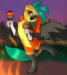 Size: 1790x2000 | Tagged: safe, artist:sondy, derpibooru import, griffon, chest fluff, dancing, fire, looking at you, maracas, musical instrument, spread wings, wings