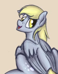 Size: 1050x1330 | Tagged: safe, artist:ahorseofcourse, derpibooru import, derpy hooves, pegasus, pony, brown background, female, looking at you, looking back, looking back at you, mare, simple background, solo