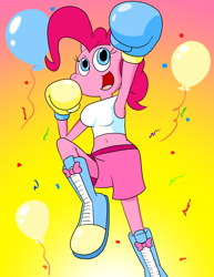 Size: 1468x1900 | Tagged: safe, artist:strangefacts101, derpibooru import, pinkie pie, anthro, earth pony, plantigrade anthro, balloon, boots, boxing, boxing gloves, boxing shorts, breasts, clothes, confetti, pinkie pies, shoes, solo, sports, tanktop