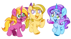 Size: 1800x1000 | Tagged: safe, artist:yokokinawa, derpibooru import, oc, oc only, oc:amber streak, oc:bright star, oc:untitled work, pegasus, pony, unicorn, glasses, heart eyes, simple background, trio, white background, white pupils, wingding eyes