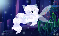 Size: 3142x1909 | Tagged: safe, artist:judelinfrostan, derpibooru import, oc, oc only, pegasus, seapony (g4), bubble, crepuscular rays, dorsal fin, fin wings, fins, fish tail, flowing tail, ocean, open mouth, seaponified, seaquestria, seaweed, signature, smiling, solo, species swap, sunlight, tail, underwater, water, watermark, white mane, wings