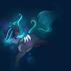 Size: 2449x2449 | Tagged: safe, artist:twisted-sketch, derpibooru import, oc, oc only, earth pony, pony, blue background, blue eyes, bubble, commission, dark, deviantart watermark, flowing mane, flowing tail, glow, glowing eyes, grin, looking at you, obtrusive watermark, ocean, patreon, simple background, smiling, solo, swimming, tail, underwater, water, watermark