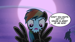 Size: 1280x720 | Tagged: safe, artist:14oliverhedgehog, artist:barrelslover, derpibooru import, edit, edited screencap, screencap, rainbow dash, pegasus, pony, bats!, cute, dashabetes, dialogue, female, feminism, full moon, grammar error, living latex, living suit, mare, moon, night, open mouth, parasite, remake, serious, solo, speech bubble, spread wings, symbiote, venom, wings