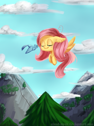 Size: 1500x2000 | Tagged: safe, artist:gnidagovnida, derpibooru import, fluttershy, bird, pegasus, pony, 2014, ahoge, chibi, cloud, cute, ears, eyes closed, floppy ears, flying, mountain, scenery, shyabetes, sky, tree