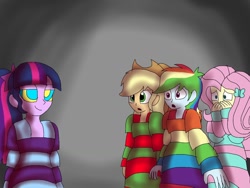 Size: 1024x768 | Tagged: safe, artist:artsymlp12, derpibooru import, applejack, fluttershy, rainbow dash, sci-twi, twilight sparkle, equestria girls, brainwashing, daze, daze sci-twi, hypnosis, hypnotized