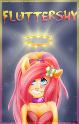 Size: 1905x3000 | Tagged: safe, artist:gnidagovnida, derpibooru import, fluttershy, equestria girls, 2014, abstract background, female, halo, musical instrument, pony ears, rainbow rocks outfit, solo, tambourine