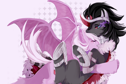 Size: 4500x3000 | Tagged: safe, artist:memorycity2, derpibooru import, king sombra, oc, oc:coloured glaze rose, bat pony, unicorn, bat wings, canon x oc, duo, duo male, hug, looking at you, lying, lying down, male, sombrose, stallion, wings