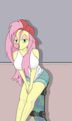Size: 2799x4682 | Tagged: source needed, safe, artist:happy harvey, derpibooru import, fluttershy, human, equestria girls, 90s grunge fluttershy, alternate hairstyle, backwards ballcap, baseball cap, blowing bubbles, breasts, bubblegum, cap, clothes, colored pupils, drawn on phone, drawthread, eyeshadow, food, gum, hat, hootershy, humanized, leaning, lidded eyes, makeup, shorts, skateboard, tanktop