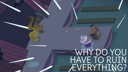 Size: 1280x720 | Tagged: safe, derpibooru import, edit, edited screencap, editor:quoterific, screencap, sweetie belle, pony, unicorn, for whom the sweetie belle toils, season 4, bipedal, clothes, dress, female, filly, looking up, open mouth, rain, solo, wet, wet mane, wet mane sweetie belle