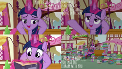 Size: 1280x720 | Tagged: safe, derpibooru import, edit, edited screencap, editor:quoterific, screencap, spike, twilight sparkle, twilight sparkle (alicorn), alicorn, dragon, pony, season 8, yakity-sax, spoiler:s08, book, cute, duo, female, magic, male, mare, open mouth, reading, smiling, telekinesis, that pony sure does love books, twiabetes, winged spike