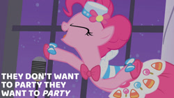 Size: 1280x720 | Tagged: safe, derpibooru import, edit, edited screencap, editor:quoterific, screencap, pinkie pie, earth pony, pony, season 1, the best night ever, bipedal, clothes, dress, eyes closed, female, gala dress, mare, microphone, open mouth, solo