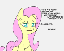 Size: 1249x1000 | Tagged: safe, artist:happy harvey, derpibooru import, fluttershy, pegasus, pony, colored pupils, dialogue, drawn on phone, flutterbitch, insult, lidded eyes, looking at you, mocking, smiling, talking to viewer