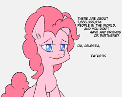 Size: 1249x1000 | Tagged: safe, alternate version, artist:happy harvey, derpibooru import, pinkie pie, earth pony, pony, colored pupils, dialogue, drawn on phone, insult, lidded eyes, looking at you, mocking, pinkie prick, smiling, talking to viewer