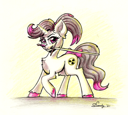 Size: 2523x2275 | Tagged: safe, artist:dandy, derpibooru import, oc, oc only, oc:hazel radiate, pony, unicorn, bow, chest fluff, colored hooves, colored pencil drawing, ear fluff, ears, eyebrows, eyelashes, female, highlights, horn, looking at you, mare, ponytail, signature, solo, sword, tail bow, traditional art, unicorn oc, unshorn fetlocks, weapon
