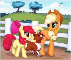 Size: 985x824 | Tagged: safe, artist:ctb-36, derpibooru import, apple bloom, applejack, winona, bird, earth pony, adorabloom, cute, female, fence, filly, jackabetes, mare, scenery, tree, walking, winonabetes