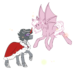 Size: 768x768 | Tagged: safe, derpibooru import, king sombra, oc, oc:coloured glaze rose, bat pony, pony, unicorn, bat wings, canon x oc, clothes, duo, duo male, flying, looking at each other, male, sombrose, stallion, wings