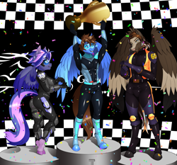 Size: 2255x2103 | Tagged: safe, artist:chacrawarrior, derpibooru import, oc, oc only, oc:buckshot, oc:rainy night, oc:smokescreen, anthro, pegasus, unguligrade anthro, anthro oc, confetti, goggles, pegasus oc, podium, racing suit, trophy