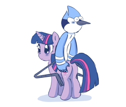 Size: 1748x1488 | Tagged: safe, artist:acynosure, derpibooru import, twilight sparkle, unicorn twilight, bird, blue jay, unicorn, blushing, butt, butt touch, crossover, crossover shipping, female, male, mordecai, mordetwi, plot, regular show, riding a pony, shipping, straight, twibutt