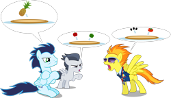 Size: 3696x2116 | Tagged: safe, artist:chainchomp2 edit, artist:chrzanek97, artist:d4svader, artist:dewlshock, artist:sollace, derpibooru import, edit, editor:slayerbvc, rumble, soarin', spitfire, pegasus, argument, bell peppers, clothes, colt, crossed legs, female, food, fruit, male, mare, olive, peppers, pictogram, pineapple, pizza, raised hoof, raised leg, simple background, speech bubble, stallion, sunglasses, tomato, transparent background, uniform, vector, vegetables, wonderbolts dress uniform