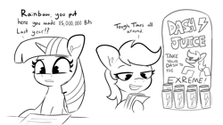 Size: 4029x2250 | Tagged: safe, artist:tjpones, derpibooru import, rainbow dash, twilight sparkle, twilight sparkle (alicorn), alicorn, pegasus, pony, black and white, duo, energy drink, female, grayscale, mare, money, monochrome, soda can, taxes