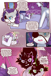 Size: 960x1440 | Tagged: safe, artist:cold-blooded-twilight, derpibooru import, rarity, spike, sweetie belle, twilight sparkle, dragon, pony, unicorn, comic:cold storm, abuse, angry, carousel boutique, cold blooded twilight, comic, cross-popping veins, crying, dialogue, eyepatch, female, filly, frown, hurting, magic, male, open mouth, puddle, runny nose, shivering, speech bubble, sweat, tears of anger, teary eyes
