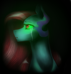 Size: 944x982 | Tagged: safe, artist:penrosa, derpibooru import, oc, oc only, earth pony, pony, black background, bust, corrupted, crying, earth pony oc, female, mare, simple background, solo, sombra eyes