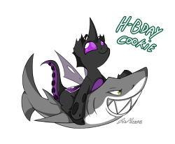 Size: 1016x838 | Tagged: safe, artist:srmario, derpibooru import, oc, oc only, changeling, shark, changeling oc, duo, male, purple changeling, riding, sharp teeth, signature, simple background, smiling, teeth, transparent background