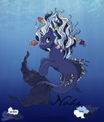 Size: 707x828 | Tagged: safe, artist:ohmycasablanca, derpibooru import, oc, oc only, fish, merpony, sea pony, seapony (g4), blue eyes, crepuscular rays, dorsal fin, fins, flowing mane, ocean, open mouth, signature, solo, sunlight, swimming, tail, underwater, water