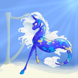 Size: 700x694 | Tagged: safe, artist:magpeyes, derpibooru import, oc, oc only, merpony, sea pony, seapony (g4), blind, crepuscular rays, dorsal fin, female, fins, fish tail, flowing mane, flowing tail, harp, musical instrument, ocean, smiling, solo, sunlight, swimming, tail, underwater, water, white mane