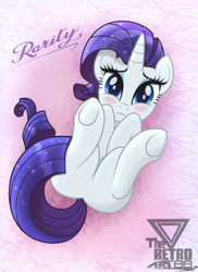 Size: 1200x1650 | Tagged: safe, artist:theretroart88, derpibooru import, rarity, pony, unicorn, :3, blue eyes, blushing, cute, eyelashes, featureless crotch, female, horn, legs in air, looking at you, lying down, mare, on back, raribetes, solo, sweet dreams fuel, underhoof