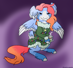 Size: 1950x1800 | Tagged: safe, artist:misskanabelle, derpibooru import, oc, oc only, pegasus, pony, abstract background, clothes, ear fluff, ears, hoof fluff, mug, pegasus oc, smiling, sweater, two toned wings, wings