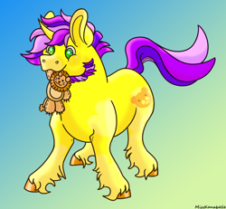 Size: 1950x1800 | Tagged: safe, artist:misskanabelle, derpibooru import, oc, oc only, big cat, lion, pony, unicorn, abstract background, beard, facial hair, horn, male, mouth hold, plushie, smiling, solo, stallion, unicorn oc, unshorn fetlocks