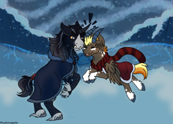 Size: 2100x1500 | Tagged: safe, artist:misskanabelle, derpibooru import, oc, oc only, pegasus, pony, unicorn, cloak, clothes, hoof fluff, horn, male, outdoors, pegasus oc, rearing, scarf, snow, stallion, unicorn oc