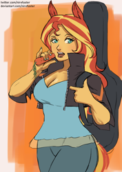 Size: 1240x1754 | Tagged: safe, artist:nire, derpibooru import, sunset shimmer, equestria girls, breasts, carrot, cleavage, clothes, ears, eating, food, guitar, guitar case, jacket, leather jacket, looking at you, musical instrument, nail polish, open mouth, pony ears, sunset jiggler, tail