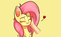 Size: 1584x966 | Tagged: safe, artist:alexsc112, derpibooru import, fluttershy, pegasus, pony, chest fluff, cute, disembodied hand, eyes closed, floating heart, hand, hand on cheek, heart, petting, shyabetes, smiling, solo