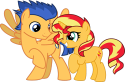 Size: 1209x794 | Tagged: safe, artist:philllord, derpibooru import, flash sentry, sunset shimmer, pony, female, flashimmer, male, shipping, simple background, straight, transparent background