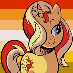 Size: 1280x1280 | Tagged: safe, artist:andypriceart, derpibooru import, edit, sunset shimmer, pony, unicorn, butch lesbian pride flag, female, hair over one eye, pride, pride flag, solo