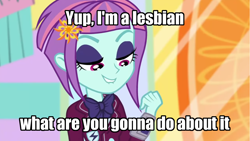 Size: 1920x1081 | Tagged: safe, derpibooru import, screencap, sunny flare, dance magic, equestria girls, spoiler:eqg specials, caption, female, image macro, implied lesbian, lesbian, pride, solo, text