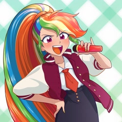 Size: 1695x1695 | Tagged: safe, artist:rileyav, derpibooru import, rainbow dash, human, alternate hairstyle, anime, clothes, cosplay, costume, hand on hip, humanized, microphone, nail polish, necktie, open mouth, saki nikaido, school uniform, zombieland saga