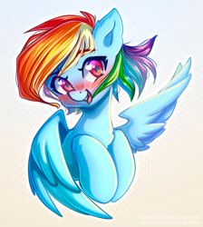 Size: 1000x1115 | Tagged: safe, artist:chaosangeldesu, rainbow dash, pegasus, pony, blushing, blushing profusely, bust, chest fluff, cream background, cute, ear fluff, ears, female, looking at you, mare, smiling, solo, spread wings