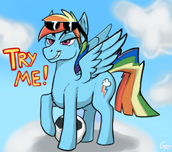 Size: 1597x1420 | Tagged: safe, artist:glefan, derpibooru import, rainbow blitz, rainbow dash, ball, rule 63, solo