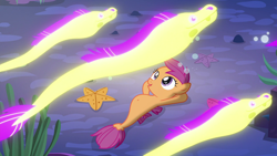Size: 1920x1080 | Tagged: safe, derpibooru import, edit, edited screencap, screencap, scootaloo, eel, fish, seapony (g4), surf and/or turf, belly button, bioluminescent, glow, hooves behind head, lying down, moray eel, on back, sea-mcs, seaponified, seapony scootaloo, solo, species swap, starfish, underwater, your heart is in two places
