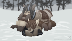 Size: 3840x2160 | Tagged: safe, artist:sevenserenity, derpibooru import, oc, oc only, oc:cold shoulder, oc:frosty flakes, oc:winter wonder, pony, /mlp/, 4chan, cuddle puddle, cuddling, cute, female, fluffy, mare, painted, pony pile, sleeping, snow, snowpony (species), taiga pony, tree, trio, unshorn fetlocks, yakutian horse